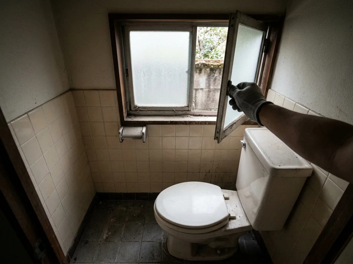 閉めきった家のトイレで、手袋をした手がすりガラスの小窓を開けている。窓枠にはほこりが積もっている