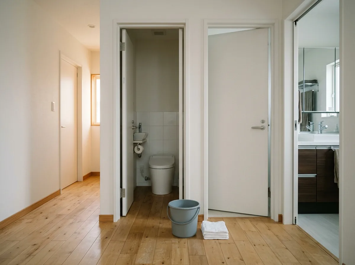 トイレと洗面所のドアが隣り合う廊下の床に、バケツとたたんだ布が置かれているところ