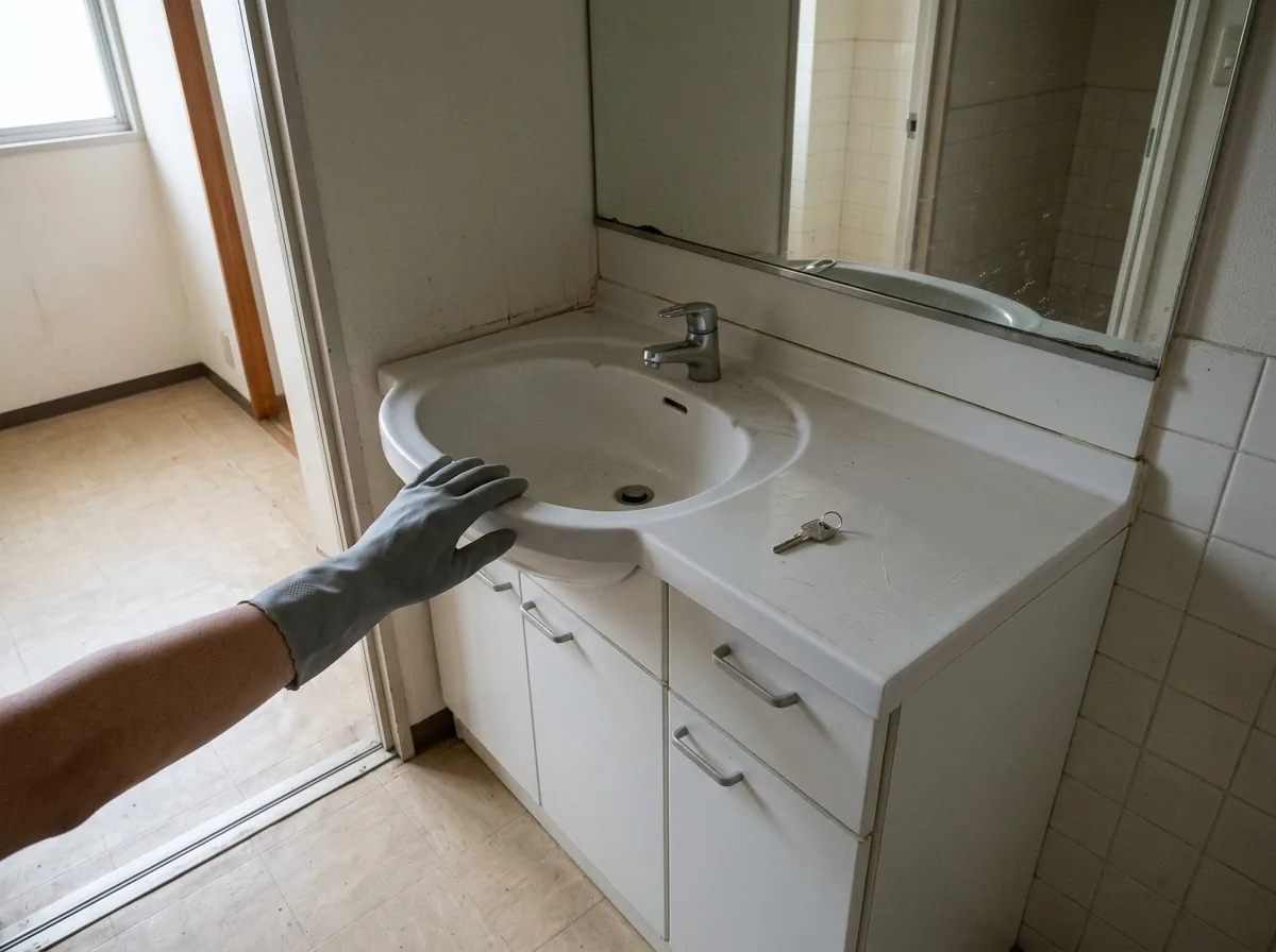 荷物を運び出した部屋の洗面所で、洗面台の上に札の付いていない鍵が置かれている様子