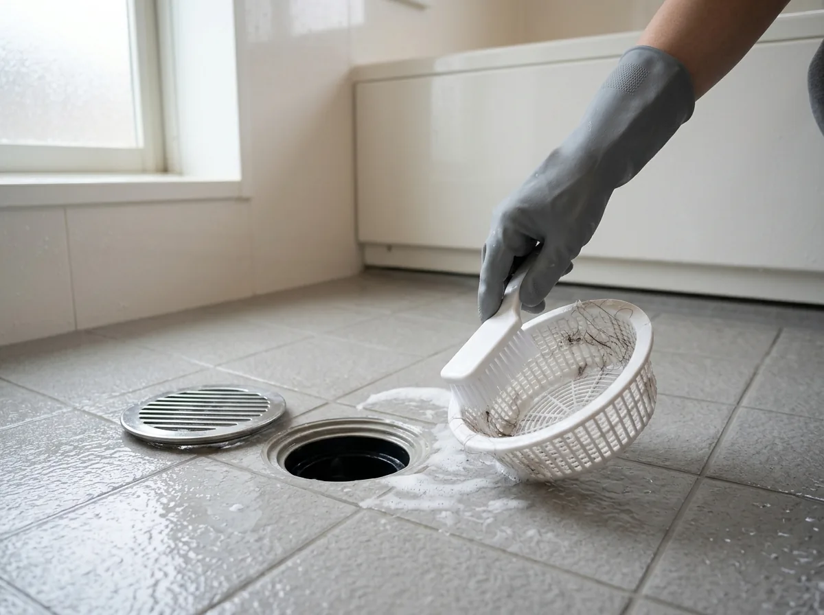 ユニットバスの床の排水口でふたを外し、中の部品を小さなブラシで洗っている手元